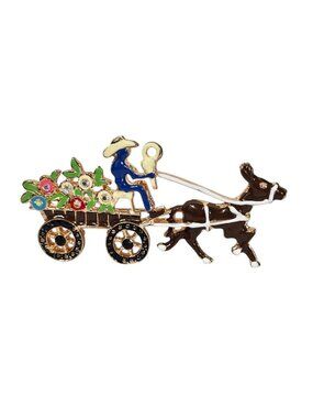 Enamel Donkey Cart Brooch Pin Cowboy with Flowers, Colorful VTG